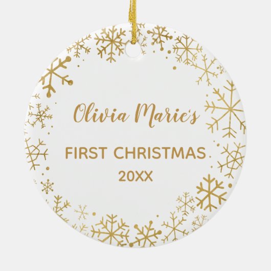 Babys First Kerstfeest Joy Gold Snowflakes Custom Keramisch Ornament (Achterkant)