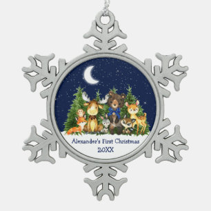 Baby's First KerstForest Animals Blue Bow Tin Sneeuwvlok Ornament