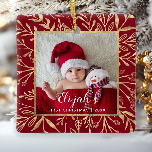 Babys First kerstfoto Gold Foliage Red Keramisch Ornament