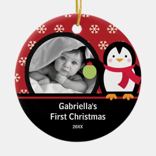 Babys First Kerstfotoornament Penguin Keramisch Ornament (Voorkant)