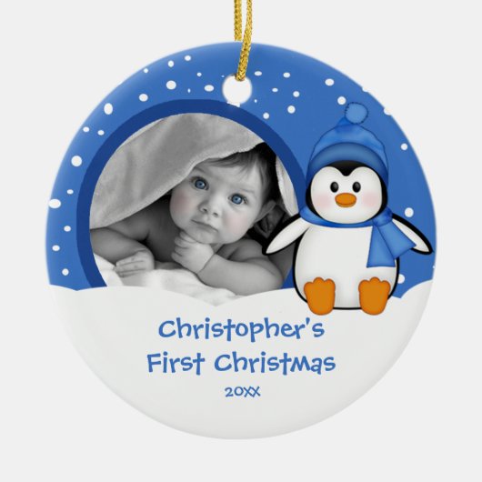 Babys First Kerstfotoornament Penguin Keramisch Ornament (Voorkant)
