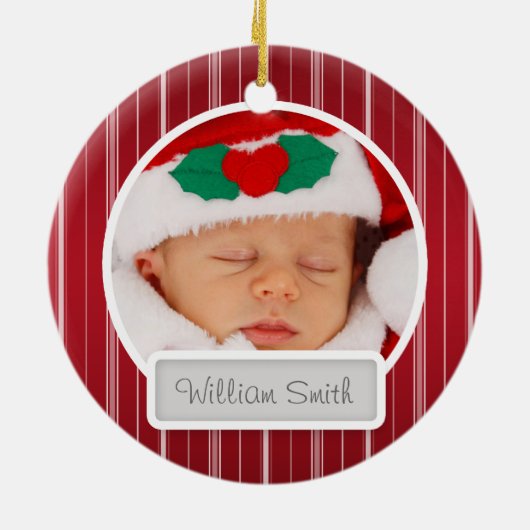 Baby's First Kerstman Mod Stripes Pattern Red Keramisch Ornament (Achterkant)