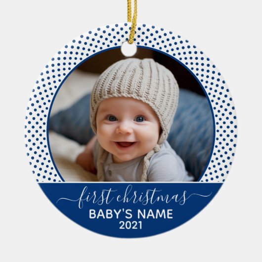 Babys First Kerstmis - Blue White Polka Dots Keramisch Ornament (Voorkant)