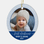 Babys First Kerstmis - Blue White Polka Dots Keramisch Ornament (Links)