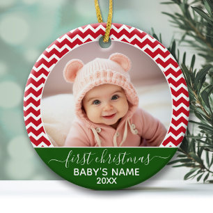 Baby's First Kerstmis Foto rood chevrons groen Keramisch Ornament