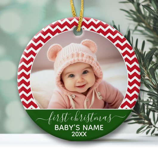 Baby's First Kerstmis Foto rood chevrons groen Keramisch Ornament
