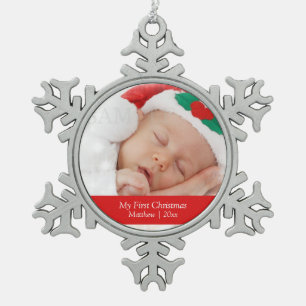 Babys First Kerstmis - Gepersonaliseerd fotosjablo Tin Sneeuwvlok Ornament