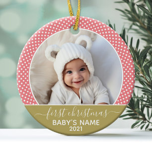 Babys First Kerstmis - Roos Gold Polka Dots Metalen Ornament