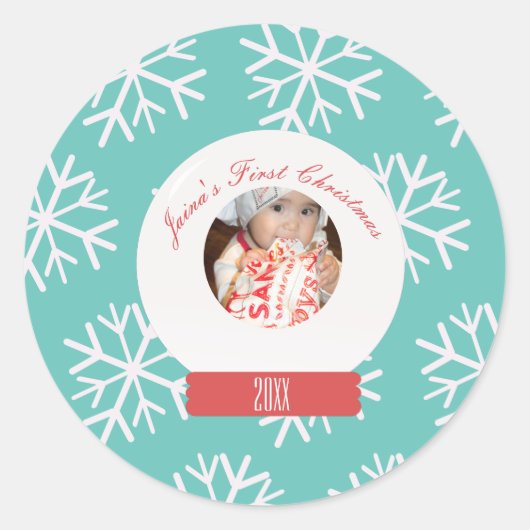 Baby's First Kerstmis Snowglobe Snowflakes Blauwgr Ronde Sticker (Voorkant)