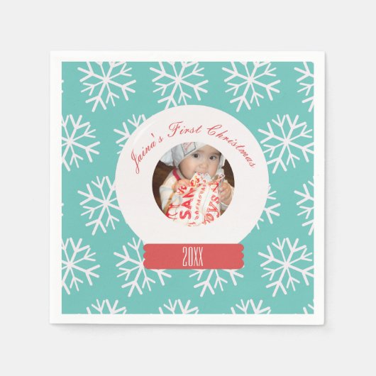 Baby's First Kerstmis Snowglobe Snowflakes Blauwgr Servet (Voorkant)