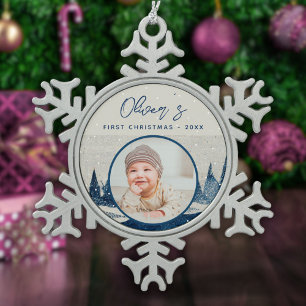 Baby's First Kerstwinter Forest Foto Tin Sneeuwvlok Ornament