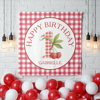 Baby's Kersen Eerste Rode Gingham Verjaardag Wandkleed