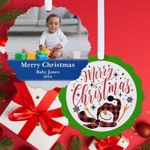 Baby's Merry Sneeuwman Eerste Kerstmis Unieke foto Ornament Kaart
