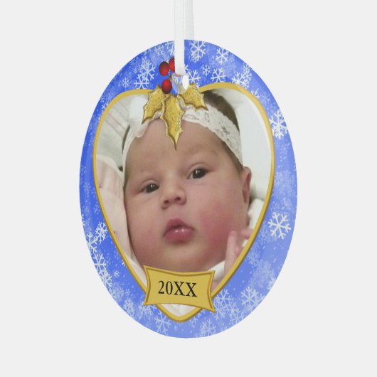 Baby's Photo Keepasa Gold Blue Snowy Kerstmis" Glas Ornament (Voorkant links)