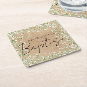 Baby's Waterverf Cute Floral Boho Baptism Vierkante Kartonnen Onderzetter