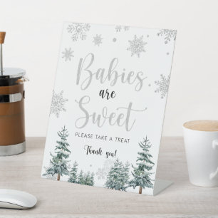 Baby's zijn zoete, zilveren baby showers gebaren reclamebord met voetstuk