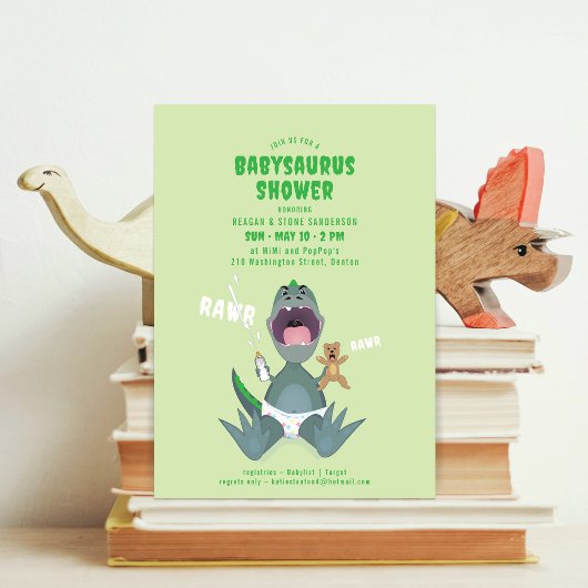Babysaurus T-rex Green Baby Shower Invitation