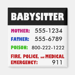 Babysitter Emergency Phone Numbers magnet Magneet