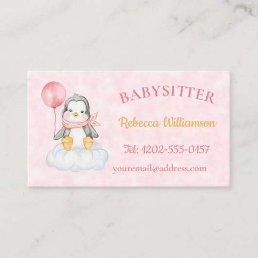 Babysitter QR Code Schattige Pinguïn Roze Visitekaartje (Voorkant)