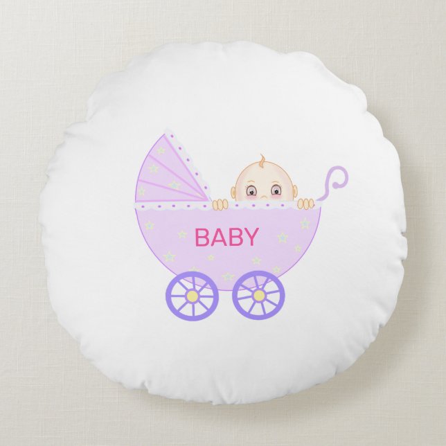 Babywagen met baby op wit rond kussen (Voorkant)