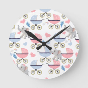 Babywagen Ooievaar Olifant Blauw & Roze Klok
