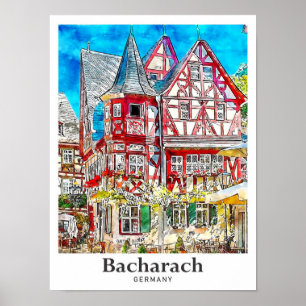 Bacharach Duitsland Reizen Waterverf Hand getekend Poster