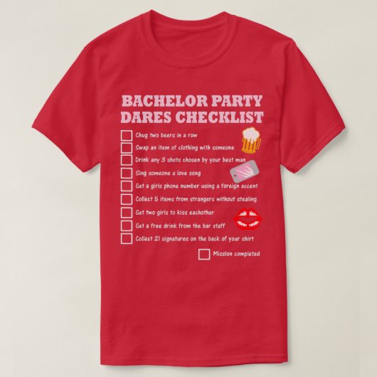 Bachelor farewell checklist met dappertests t-shirt (Design voorkant)