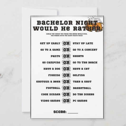 Bachelor Party Game, zou hij liever Kaart (Voorkant)
