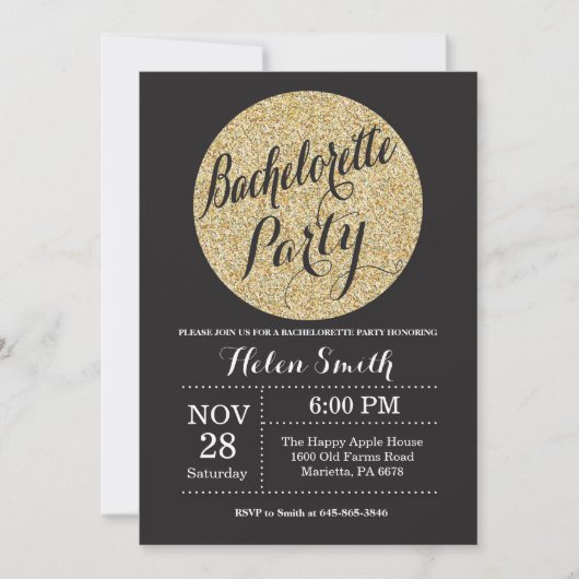 Bachelorette Black Gold Glitter Invitation Kaart (Voorkant)