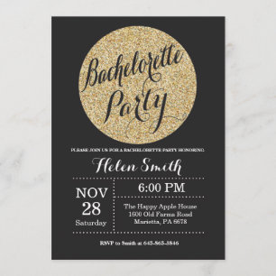 Bachelorette Black Gold Glitter Invitation Kaart