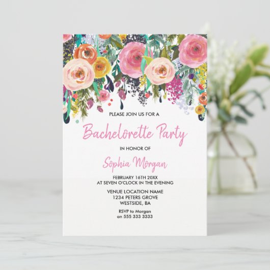 Bachelorette Fête Invitation Rose Floral Sublime (Debout devant)