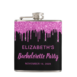 Bachelorette Hot Pink Glitter Persoonlijk Zwart Heupfles