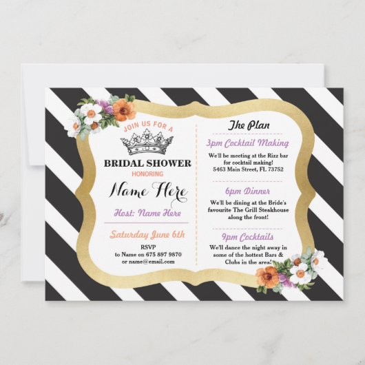 Bachelorette Itinerary Floral Stripe Black & Gold Kaart (Voorkant)