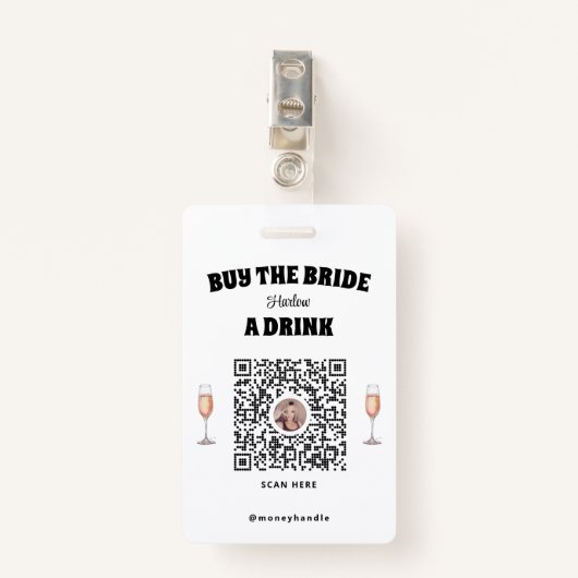 Bachelorette Koop de bruid een Drink QR-code badge (Voorkant met clip)