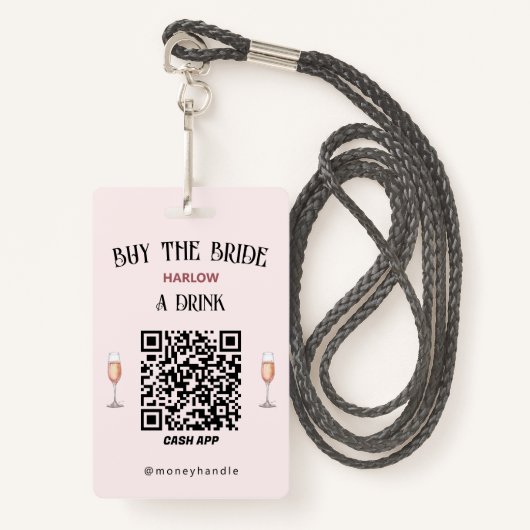 Bachelorette Koop The Bride A Drink QR-code Badge (Voorkant met draagriem)