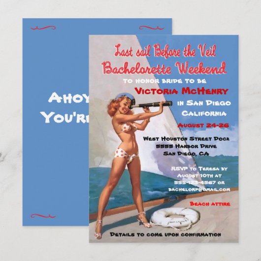 Bachelorette Nautical Weekend Getaway-uitnodiginge Kaart (Voorkant / Achterkant)