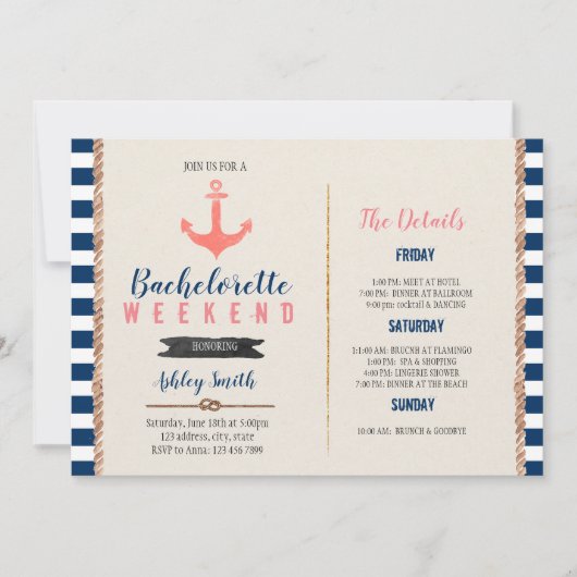 Bachelorette nautique Itinéraire invitation (Devant)