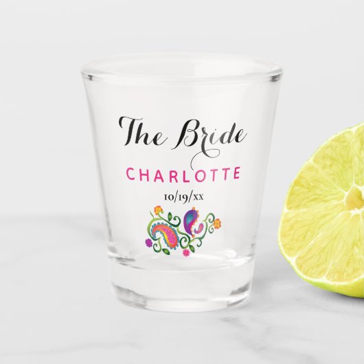 Bachelorette Party Bride Wedding Pink Paisley Shot Glas (Voorkant)
