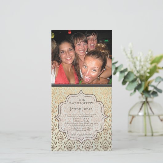 Bachelorette Party Caramel Damask Photo Invitation (Debout devant)