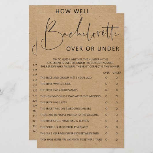 Bachelorette Party games - dubbelzijdig bediend (Voorkant / Achterkant)