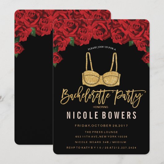 Bachelorette Party Gold Bra Red Roses Invitation (Devant / Derrière)