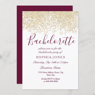 Bachelorette Party Gold Glitter Burgundy Invite Kaart