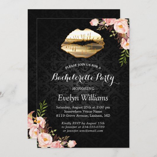 Bachelorette Party Gold Lips Damask Blush Floral Kaart (Voorkant / Achterkant)