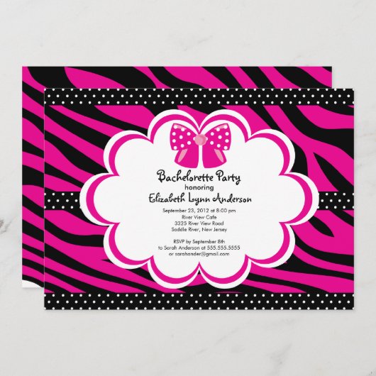 Bachelorette Party Invitation roze Black Zebra Kaart (Voorkant / Achterkant)