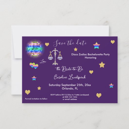 Bachelorette party over disco-ball save the date (Voorkant)