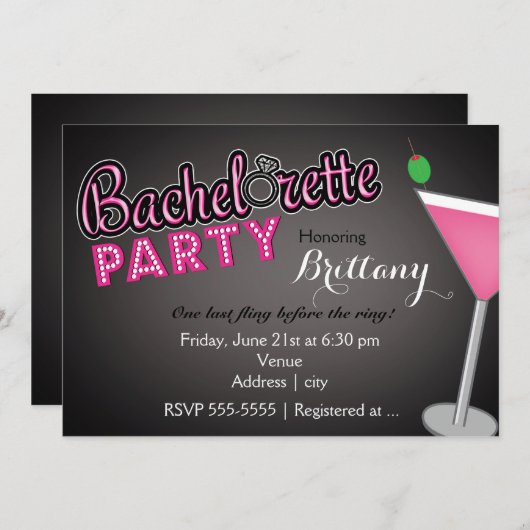 Bachelorette Party Pink Martini Fun Invitation (Devant / Derrière)