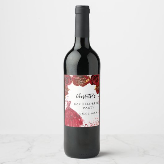 Bachelorette party rood wit jurk bloemen wijn etiket (Voorkant)
