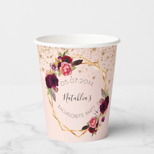 Bachelorette party roze gouden glinsterende bloem  papieren bekers (Achterkant)