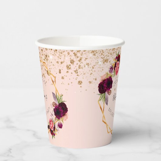 Bachelorette party roze gouden glinsterende bloem  papieren bekers (Links)