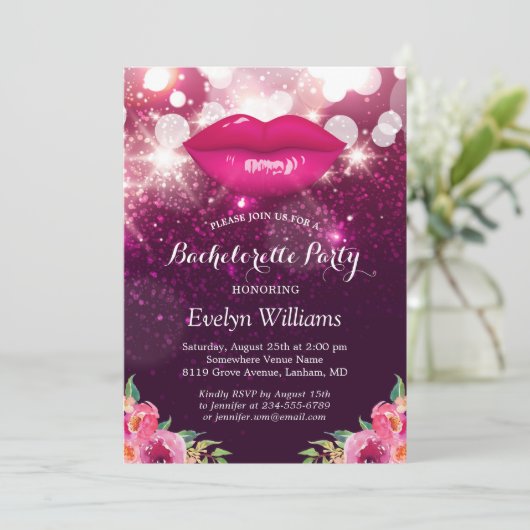 Bachelorette Party roze Paarse glitter Lips Floral Kaart (Staand voorkant)